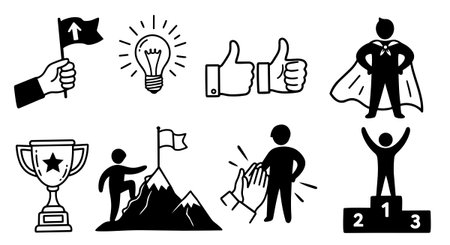 Set of black and white vector icons depicting achievements and success such as a hand holding flag, light bulb, thumbs up, superhero, trophy, mountain climber, applause, and podium.のイラスト素材