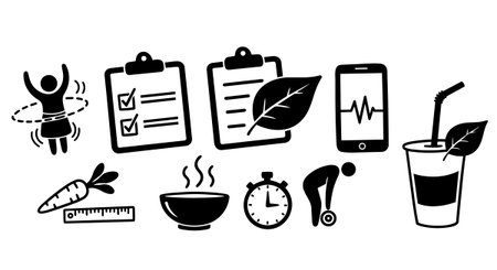 Flat design icons depict various health and wellness elements including exercise, nutrition, tracking, and organic beverages in simple black and white style.のイラスト素材