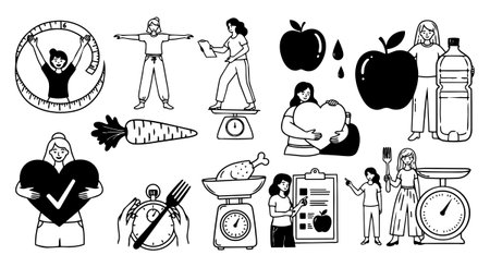 Vector design showing various health related actions such as dieting, food measurement, and healthy eating symbols in a minimalist black and white style, clear and educational.のイラスト素材