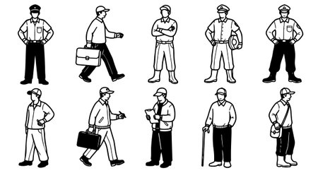 Simple black and white line art vector showing men in diverse outfits such as uniforms, casual wear, and carrying briefcases or walking with accessoriesのイラスト素材