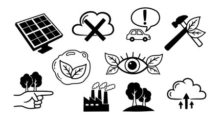 A set of monochrome eco and environment themed vector icons including solar energy, pollution, safety alerts, nature protection, and data cloud upload in minimalist style.のイラスト素材