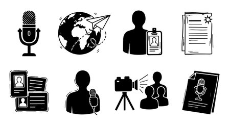 Collection of black silhouette icons including microphone, globe with paper plane, person holding mic, video recording camera with group, and id badges in flat vector style for media themes.のイラスト素材