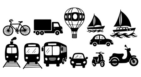 Collection of black silhouette transport vehicle icons including bicycle, motorcycle, car, bus, train, boats, and hot air balloon in flat style for design use.のイラスト素材