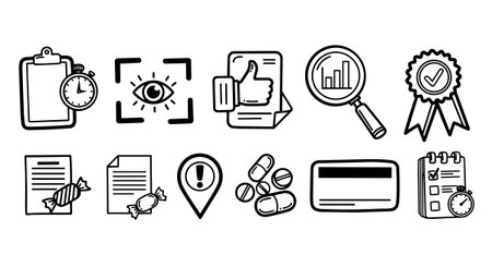 A set of hand drawn black outline icons representing checklist, stopwatch, eye focusing, document approval, data analysis, quality badge, candy, pills, credit card, and task review.のイラスト素材