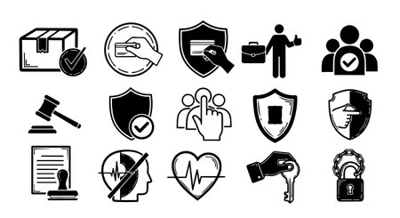 Monochrome vector icons display various security and privacy concepts including verified parcels, protected identity cards, user selection, legal authority, and encrypted lock symbols in flat design.のイラスト素材