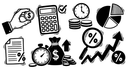 Bold black and white vector financial icons depict money management, investment growth, and percentage calculations with clear, simple line art for business or educational uses.のイラスト素材