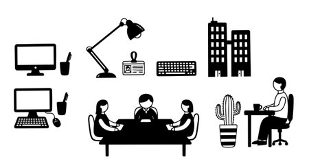 Minimalist flat design vector set depicting office workspace with computers, desk lamp, id card, business meeting with three people, cactus, and person working at desk.のイラスト素材