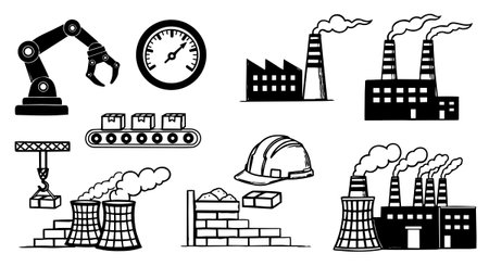 Collection of black and white industrial icons depicting factories, robotic arms, conveyor belts, safety helmets, construction materials, and chimneys with smoke, clear vector art for industrial design and engineering projects, simplistic and functional styleのイラスト素材