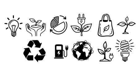 A collection of hand drawn eco friendly and sustainability icons featuring plants, energy symbols, recycling, and the globe, suitable for environmental and educational topics.のイラスト素材