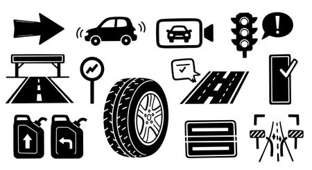 Set of black and white vector icons illustrating car tire, road, bridge, traffic light, and directional signs in a clean minimal style for traffic and driving topics.のイラスト素材