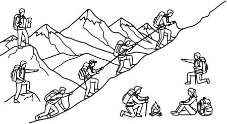 Black and white line art of climbers hiking mountains, using ropes, maps, and camping with a fire, showing teamwork and adventure in rugged landscape.のイラスト素材