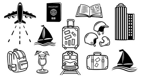 A collection of monochrome travel icons featuring transport, luggage, leisure items, and safety helmets illustrating a travel and adventure theme with clean line style.のイラスト素材
