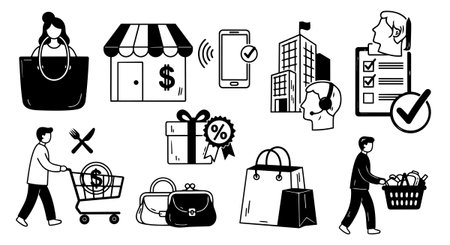 A collection of black and white vector icons depicting online shopping, customer service, payment confirmation, retail store, and shopping bags, illustrating commerce concepts.のイラスト素材