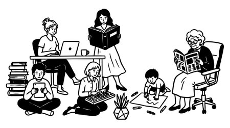 Monochrome vector illustration shows multi-generational family engaged in reading and digital activities at home, featuring casual poses and relaxed moods in minimal style.のイラスト素材