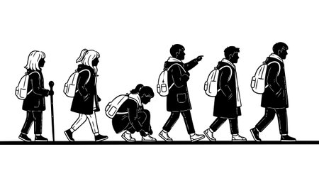 Monochrome vector illustration depicts six people in different poses with backpacks walking and moving forward, captured in side profile silhouette style, minimalist and dynamic.のイラスト素材