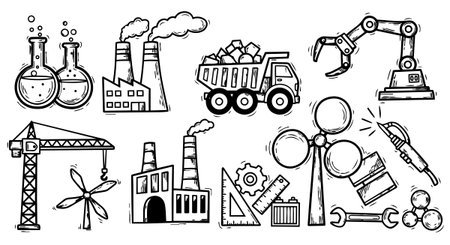 A hand drawn vector set illustrating industrial elements such as factories, dump trucks, cranes, robotic arms, and engineering tools in black line art style.のイラスト素材