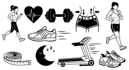 Monochrome fitness and health icons display running woman, dumbbell, treadmill, heart rate, sleep moon, and weight loss symbols in clean vector style, promoting wellness and activity.のイラスト素材
