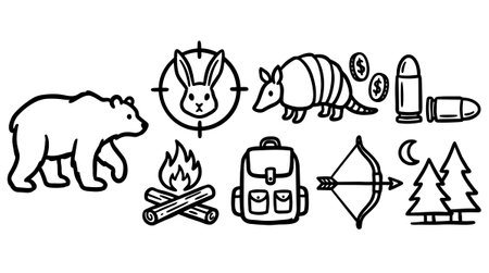 A collection of hand drawn black line vector icons featuring wild animals, hunting symbols, camping gear, and forest elements in minimal illustrative style, outdoor theme.のイラスト素材