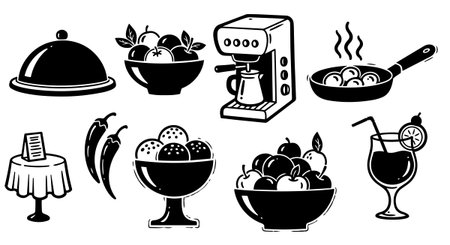 A black and white vector collection featuring kitchen and dining items like coffee maker, fruit bowls, chili peppers, steaming eggs, cocktail on table. simple and bold.のイラスト素材