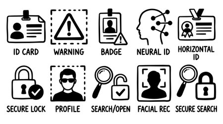 A collection of hand drawn black and white icons showing various identity and security concepts including facial recognition and secure search in vector style, clear and minimalistic.のイラスト素材