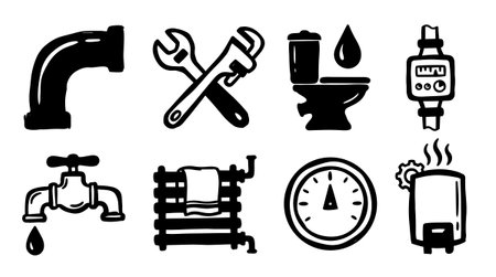 A collection of hand drawn plumbing icons in black silhouette style featuring pipes, tools, fixtures, and heating elements with bold line art, ideal for technical illustrations or manuals, clear and functional design.のイラスト素材