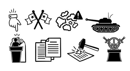 Set of bold black and white vector icons including hand gesture, patriotic flags, military tank, public speaker, documentation, legal hammer and peace emblem in simple line art styleのイラスト素材