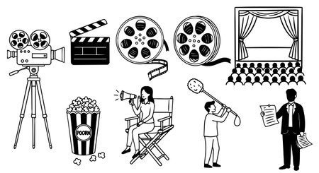 A collection of black and white line art icons showing classic film industry elements including a movie projector, clapperboard, popcorn, director, microphone, and audience on stage with curtains.のイラスト素材