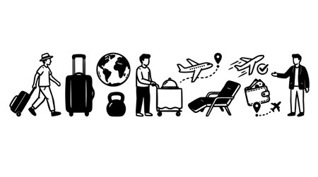Black and white travel themed vector icons including traveler with luggage, hotel service, airplanes, globe, lounge chair, wallet, and a guide, rendered in minimalist style.のイラスト素材