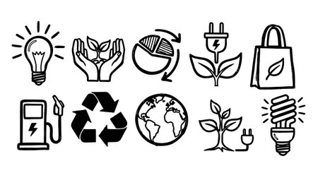 A minimalist set of hand drawn black line icons illustrates concepts of renewable energy, recycling, and environmental care in a clean vector style, calm mood.のイラスト素材
