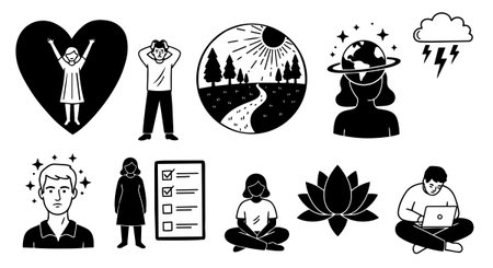 Collection of black and white vector icons depicting various emotions and activities, including stress, meditation, nature, and productivity, using minimalist flat design style with high contrast.のイラスト素材