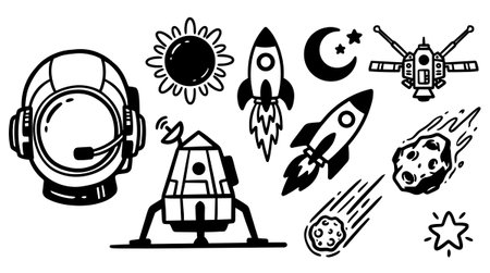 Black and white vector art features hand sketched astronaut helmet, rockets blasting off, moon crescent with stars, meteorites, satellite and sun doodles in playful style.のイラスト素材