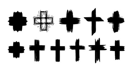 A collection of twelve unique black brush stroke crosses showcasing different abstract brush textures and artistic styles on a white background, minimalistic and bold.のイラスト素材