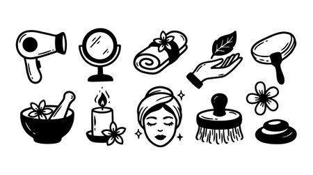 Collection of black and white spa and beauty icons featuring a hair dryer, towel, face with head wrap, brush, candle, and floral elements for wellness branding and print projects in minimalist vector style.のイラスト素材