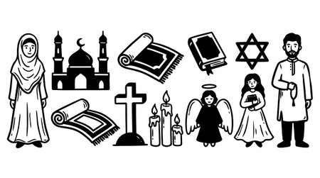 Monochrome vector illustration representing multiple religions through key symbols and figures, highlighting faith and spirituality in a simple, clear graphic style.のイラスト素材