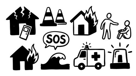 A black and white vector set of emergency and disaster icons including burning houses, flood wave, ambulance, sos bubble, and warning cones for alert designs.のイラスト素材