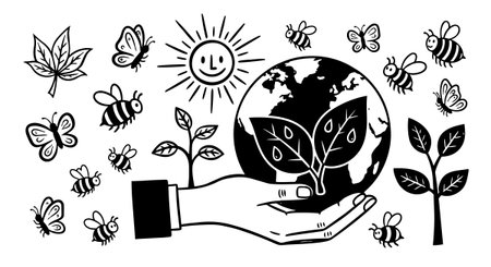 A hand gently cradles an earth globe featuring leaves, surrounded by bees, butterflies, and a smiling sun in black and white vector art style with natural theme and peaceful mood.のイラスト素材