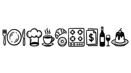 Simple black and white line art kitchen and food icons including dining utensils, chef hat, coffee, baked goods, stove, menu, wine, and dessert elements, minimalistic style.のイラスト素材