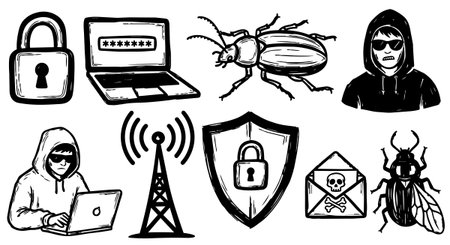 Ink style cybersecurity collection illustrates hackers, laptops with password fields, bugs, malware envelopes, and security shields in detailed black and white drawing.のイラスト素材