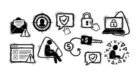 Hand drawn cybersecurity icons display laptop usage, padlocks, key with dollar sign, alerts, and verified protection, illustrating online security concepts in monochrome design.のイラスト素材