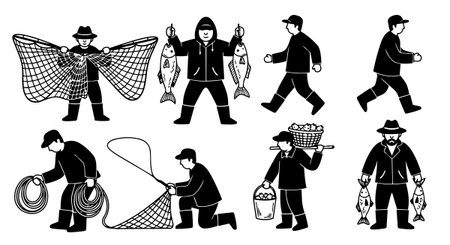 Silhouetted fishermen depicted fishing actions including casting nets, carrying baskets and holding fish, rendered in simple black vector style, showing traditional fishing activities.のイラスト素材