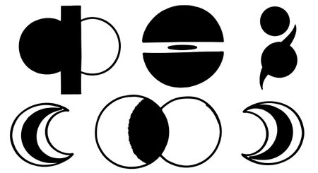 Minimalist black and white vector artwork featuring abstract geometric shapes including circles and crescents in a balanced composition with sharp contrast and clarity.のイラスト素材
