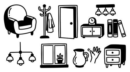 A collection of hand drawn black and white vector icons showing various living room items including armchair, door, lamps, and waving hand in minimal style.のイラスト素材