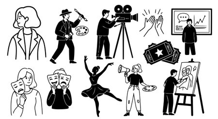 Monochrome vector style depicts various artistic roles including painter, dancer, filmmaker, actor, and presenter engaged in creative, theatrical, and visual arts activities with clear outlines and minimal detail, conveying an imaginative and vibrant mood.のイラスト素材