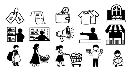 A collection of simple black and white vector icons depicting shopping elements, people buying, paying, browsing in stores, ideal for user interface or branding, clean styleのイラスト素材