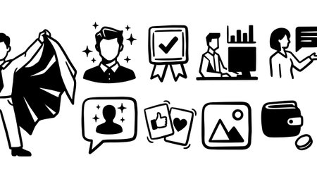 A collection of minimalist black and white vector icons representing business concepts, avatars with sparkling effects, social engagement, and office work in a clean style.のイラスト素材