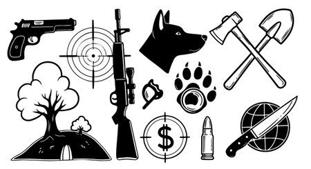 Minimalist black and white vector collection of hunting and survival symbols including weapons, tools, animal elements, and nature icons for outdoor themes.のイラスト素材