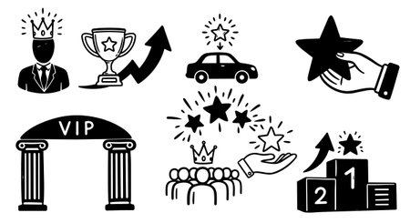 Hand drawn black and white icons illustrate themes of leadership, achievement, success, vip status, and recognition with simple line art style for branding or presentations.のイラスト素材