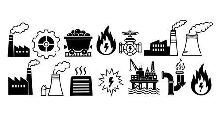 Set of black and white vector icons depicting factories, power plants, coal mining, flames, pipelines, and oil rigs representing industrial energy and manufacturing concepts.のイラスト素材