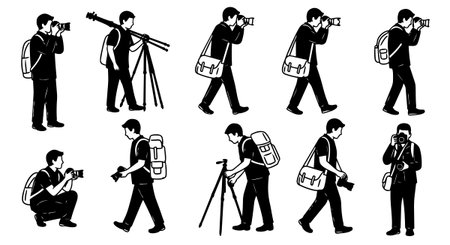 Black and white vector silhouettes depict a man photographer walking, adjusting tripod, crouching, and shooting with camera in various poses, minimalist style.のイラスト素材