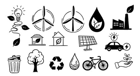 Minimalist black and white vector icons depict renewable energy, sustainable living, and environmental protection concepts in simple clean line style for ecological designs.のイラスト素材